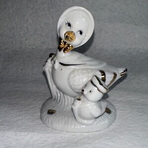 Charming White and Gold Ceramic Duck Figurine with Baby Sailor Hat.